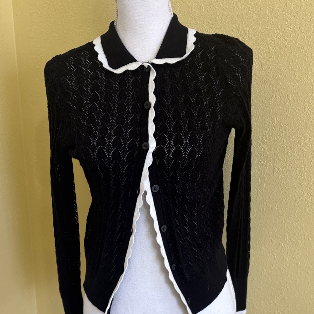 LOFT Black Cardigan with White Trim